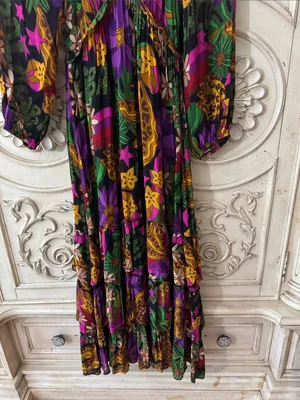 FARM Rio Star Fruit Floral Tiered Maxi Dress in Purple, Green & Yellow Sz Small thumbnail 8