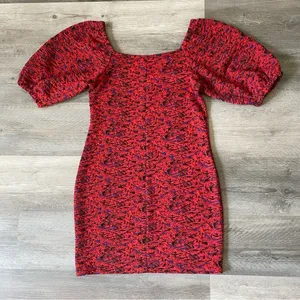 Free People Bodycon Dress Red Jacquard Balloon Sleeves Small Stretchy thumbnail 6