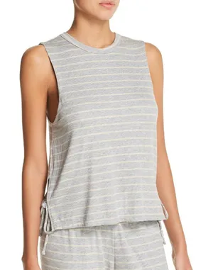Eberjey‎ Stripe Lounge Logan Walking Ribbed Tank Medium Gray Cream thumbnail 1
