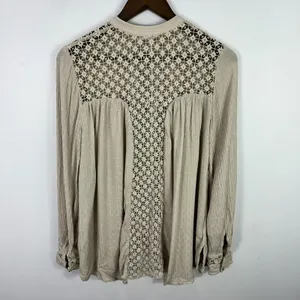 Free People Button‎ Down Blouse Womens Small Tan Lace Crochet Gauze Boho Top thumbnail 2