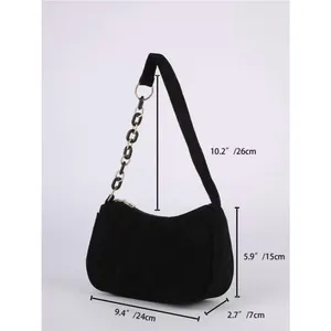 SHEIN Black Corduroy Small Shoulder Bag with Plastic Chain Accent thumbnail 7
