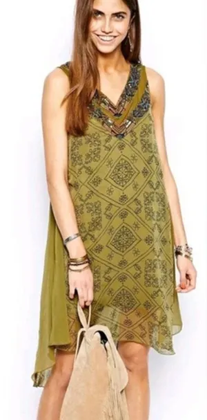Free People Ancient Mystery Boho Beaded Dress Green XS Festival thumbnail 1