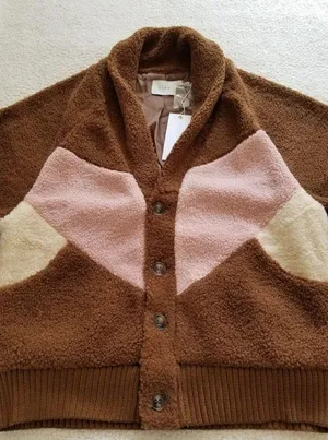LUSH Women's Teddy Jacket Coat Color-block Brown Cream Pink Size S thumbnail 3