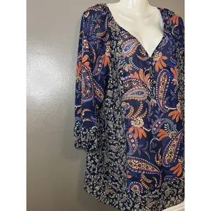 Chaps Shirt Womens Medium Blue Paisley Boho Tunic Top 3/4 Sleeve Lightweight thumbnail 2