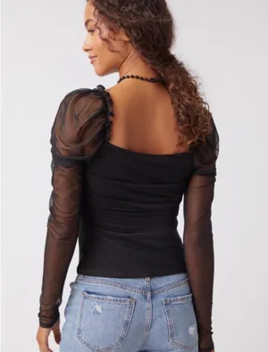 Francesca's Black Sheer Puff Sleeve Ruched Top thumbnail 2