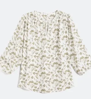 Monday Fun Kinny Split Neck Smocked Shoulder Blouse Green Size 2X thumbnail 1