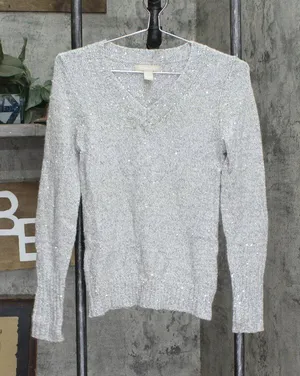 Banana Republic Rabbit Hair Blend V-Neck Sequin Long Sleeve Sweater Gray XS thumbnail 1
