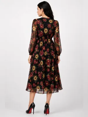 1775 Floral Maxi Dress Small Metallic Dot Long Sleeve Boho Cottagecore thumbnail 2