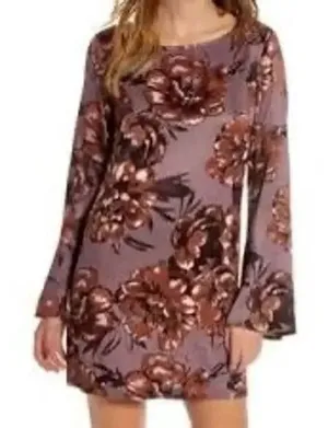 Leith Ladies Purple Floral‎ Tunic Mini Dress Flare Sleeves XS thumbnail 1