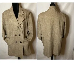 Vintage Arlette Tweed Camel Herringbone Menswear Style Pea Coat. thumbnail 2