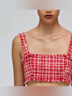 Self Portrait Red & White Boucle Square-Neck Crop Top size 6 thumbnail 3