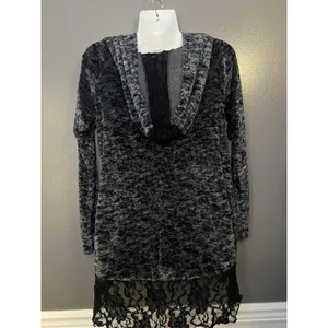 Vine Street Tunic Top Womens Medium Gray Velour Hooded Lace Hem Long Sleeve thumbnail 7