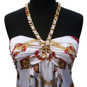 Cache Silk White Scarf Print Gold Chain Halter Top New Built In Bra $118 NWT XS thumbnail 2