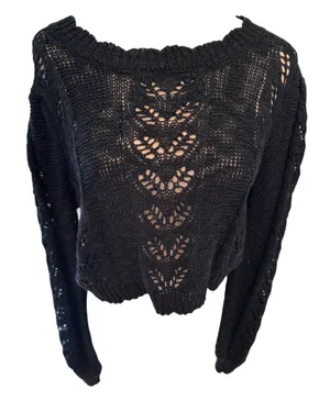 Storia Black Pointelle Open Weave Cropped Sweater M thumbnail 2