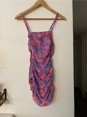 NWT For Love & Lemons Natasha Swim Cover Up Floral Ruched Mini Dress XXS thumbnail 3
