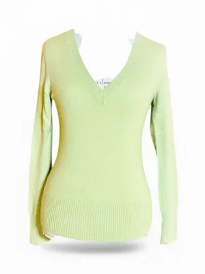 Theory Lime Neon Avocado Green 100% Cashmere V-Neck Sweater Sz M Retail $265 thumbnail 5