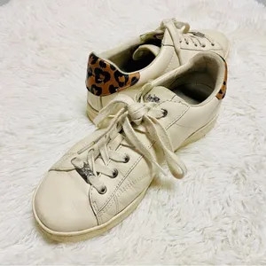 Coach Low Top Leather Sneakers 9B Leopard Print Heel Off-White Luxury C126 thumbnail 2