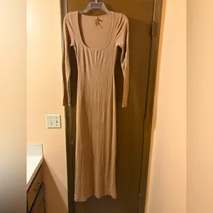Skims Soft Lounge Shimmer Long Sleeve Maxi Dress in Camel thumbnail 3