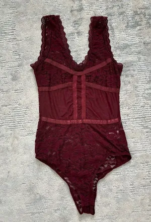 Shinestar Burgundy Sheer Lace Bodysuit Teddies Size M thumbnail 1