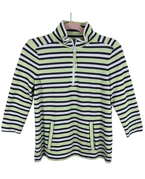 T‎ By Talbots Cotton Blend Striped Terry Cloth 3/4 Sleeve 1/4 Zip Size Small P thumbnail 1