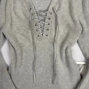 VTG Moda International Lace-Up Long Sleeve Women’s M Gray Ribbed Y2K Cozy Grunge thumbnail 3