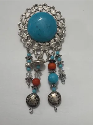 Vintage Turquoise& Coral Dangle Brooch — Silver-Tone Women’s Jewelry thumbnail 8