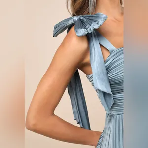 Lulus Gorgeous Purpose Slate Satin Pleated Sleeveless Bow Maxi Dress Size Medium thumbnail 3