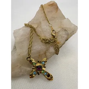 Vintage Premier Designs Gold Tone Multi Color Rhinestone Cross Necklace 18 Inch thumbnail 6