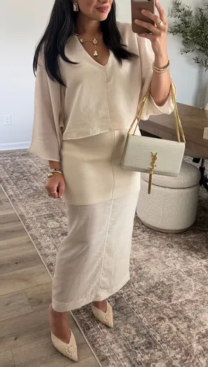Zara NWT SET Cream V-Neck Balloon Sleeve Top & Skirt thumbnail 1