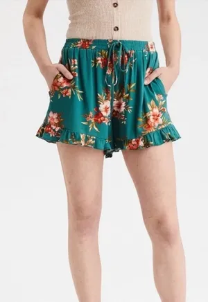 American Eagle Floral‎ Linen Ruffle Pull On Elastic Shorts thumbnail 1