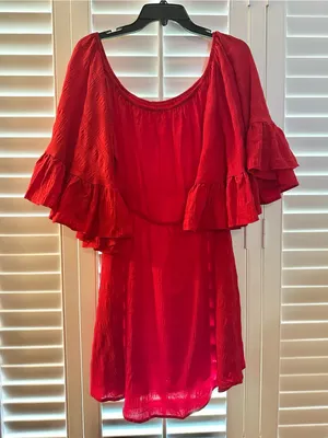 SHEIN Red Off-Shoulder Boho Textured Ruffled Dress XL thumbnail 1
