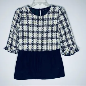 Zara Tweed Houndstooth Peplum Top Fringe Trim Contrast Blouse XS EUC thumbnail 3