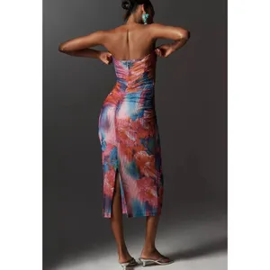 Anthropologie The Soleil Slim Strapless Ruched Mesh Midi‎ Dress Pink Abstract thumbnail 2