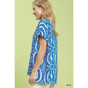 Umgee Geometric Print V-Neck Short Sleeve Top - Large thumbnail 2
