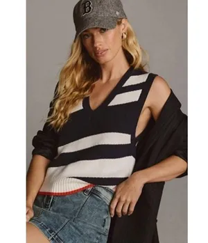 Anthropologie Maeve S V-Neck Sweater Vest Sleeveless Knit Red White Blue Women's thumbnail 1