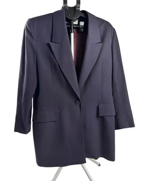 Vintage Christian Dior Navy Blue 100% Wool Longline Blazer Jacket USA 80s thumbnail 1