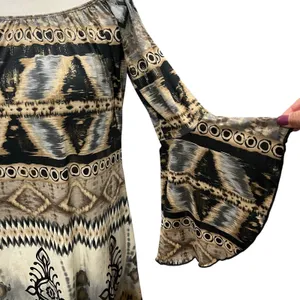 Parker Mini‎ Dress XS Black Gray Tan Gold Abstract Stretch Bell Sleeve Boho Chic thumbnail 5