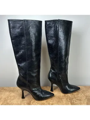 Stuart Weitzman Parton Black Croc Embossed Leather Knee High Boots Heels Size 5 thumbnail 4