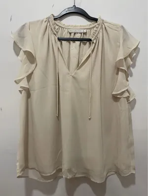Abercrombie & Fitch Cream Ruffle Neck Flutter Sleeve Blouse Top Large Beige Boho thumbnail 1