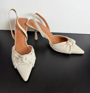 ASOS DESIGN Soraya Knotted Slingback Mid Heel Shoes Neutral Cream Linen Size 10 thumbnail 1