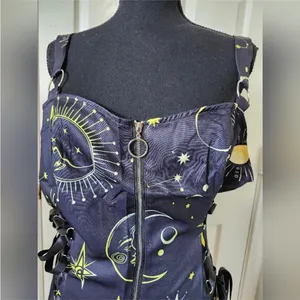 Black Celestial Print Dress Star Moon Lace Up Zipper XL thumbnail 7