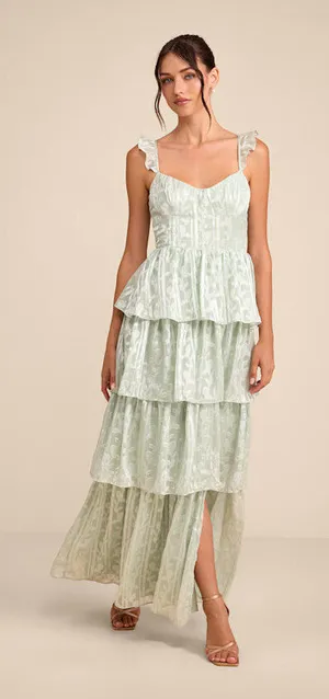 Lulus Stunning Glory Sage Green Floral Jacquard Tiered Maxi Dress - Size S thumbnail 1