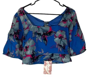 Band of the Free Blue Floral Key Hole Back Square Neck Crop Top Women Sz M thumbnail 1