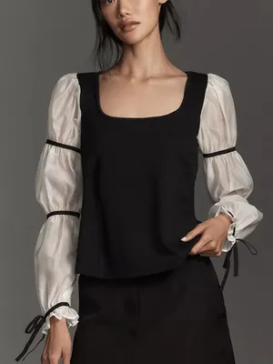Anthropologie Maeve Balloon-Sleeve Top black white size small thumbnail 1