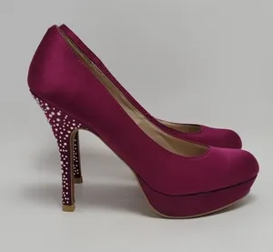 Fusia Pink Rhinestones Heel Satin Pumps Shoes By Olsenboye Size 7 thumbnail 1