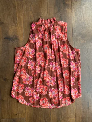 LOFT Rust Floral Tie-Neck Sleeveless Top with Pink Accents thumbnail 3