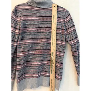 LL Bean Turtleneck Sweater Womens Medium Cotton Cashmere Fair Isle Stripe Grey thumbnail 7