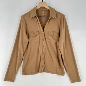 Gap Super Soft Modal Blend Modern Button Front Utility‎ Shirt Long Sleeve Tan thumbnail 2
