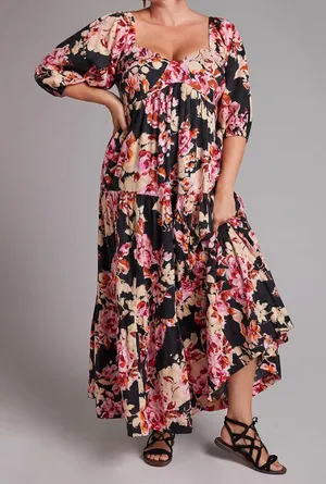 Anthropologie Blossom Floral Puffed Sleeve Tiered Boho Cottagecore Maxi Dress M thumbnail 1