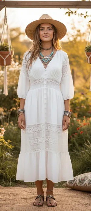 Boho White Lace Maxi Dress Button Front Large Size M thumbnail 1